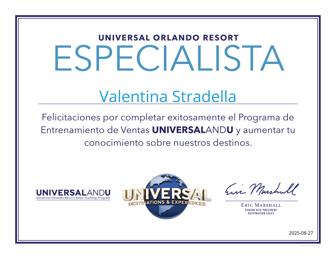 Certificado Universal Orlando Resort Especialista, programa UniversalANDU, a nombre de Valentina Stradella